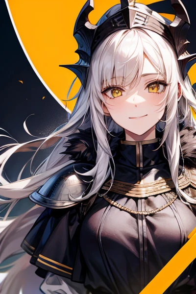 masterpiece, alone, 1 female, Long Hair, White Hair, Yellow Eyes, Black Leather, fur, Smile Facial,Dragon Armor,battlefield,Joan of Arc&#39;s Spirit
