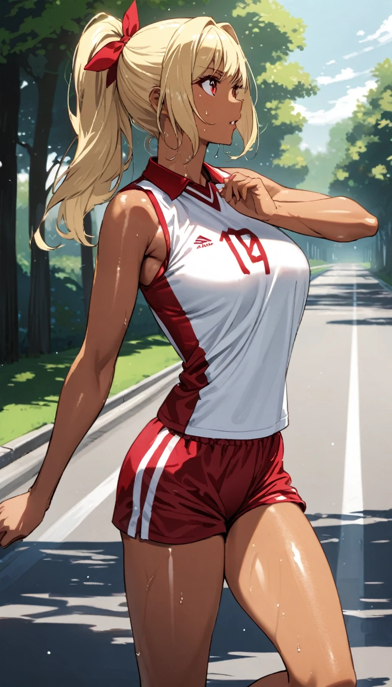 (masterpiece)、(absurdres)、(ultra detailed)、(solo lady)、(blonde hair:1.0)、(shiny red eyes:1.1)、(highponytail:0.9)、(a little red libbon:0.8)、(long hair:0.7)、(middle breast:0.8)、(Volleyball player uniform、tan lines,Shorts),top sun lighting、Tree-lined street、tan skin,sweat,running pose:0.8、side view,looking away:1.1,Looking into the distance、