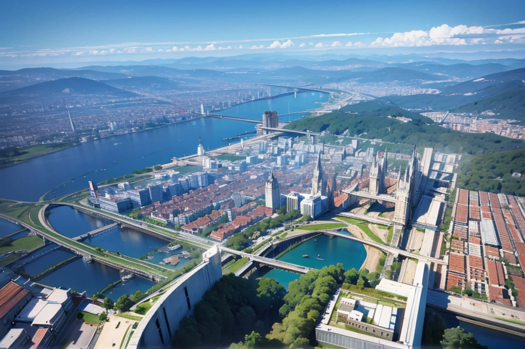 3D rendering, city near a forest, beautiful city, panoramic tour of the city, small and beautiful city, aerial view from above,