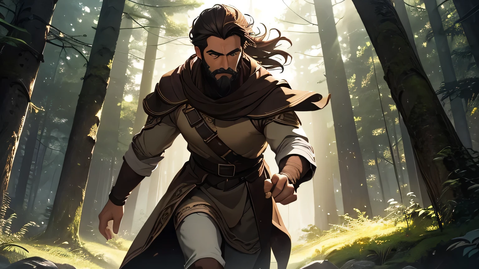 man with dark brown beard, long dark brown hair, light yellow-brown eyes and dark brown and light brown tunic from the 4th century BC. C., with a light brown cloak, about 50 years old, running back view in a dark and mysterious forest at night, movement scene in the forest, changing lighting, hyperrealistic, cinematic lighting, back view