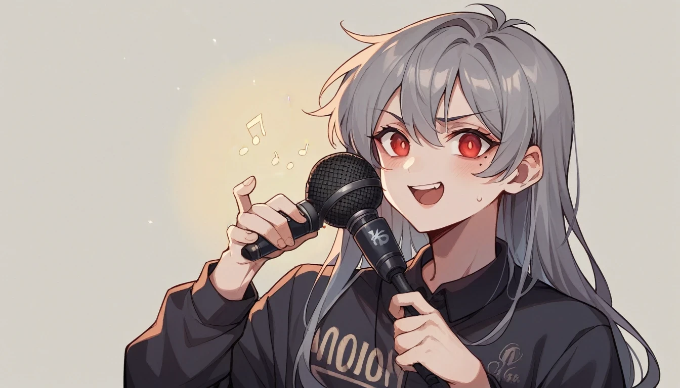 1 girl character。Model standing、whole body、gray hair color、Glowing red eyes、Long Hair、There is a mole under the left eye、Singing with a microphone、On a transparent background、Depict people only。