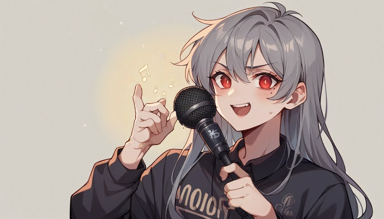 1 girl character。Model standing、whole body、gray hair color、Glowing red eyes、Long Hair、There is a mole under the left eye、Singing with a microphone、On a transparent background、Depict people only。