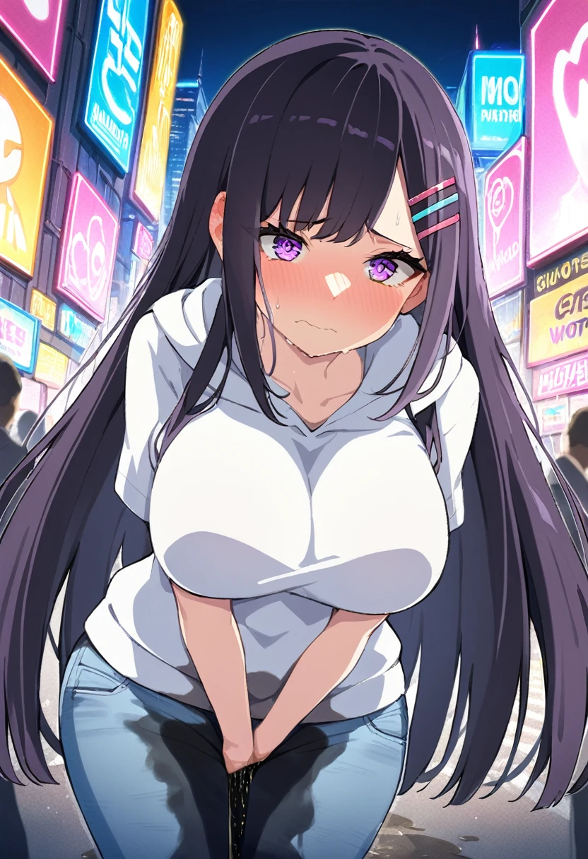 (masterpiece:1.37), best quality, (extremely detailed:1.37), (1girl:1.5), woman, (mature:1.5), (adult:1.5), large breasts, very long hair, (straight hair:1.5), dark purple hair, purple eyes, (extremely detailed eyes:1.37), hoodie, jeans, desperation, (wetting self:1.5), standing, embarrassed, humiliation, blushing, angry, city, futuristic, neon lighting, high-tech, street, skyscraper