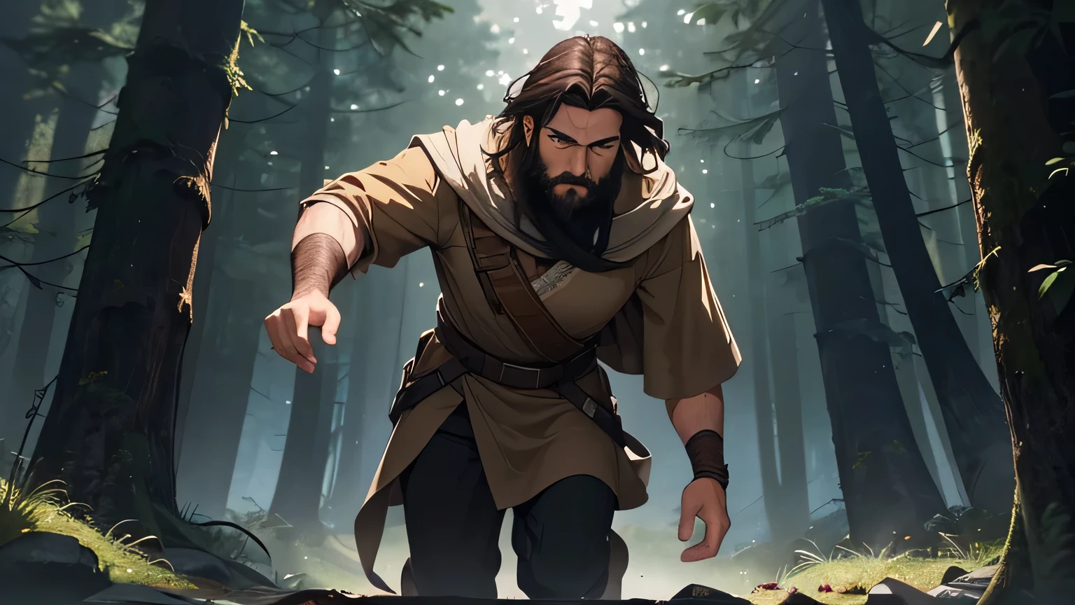 man with dark brown beard, long dark brown hair, light yellow-brown eyes and dark brown and light brown tunic from the 4th century BC. C., with a light brown cloak, about 50 years old, running back view in a dark and mysterious forest at night, movement scene in the forest, changing lighting, hyperrealistic, cinematic lighting, back view