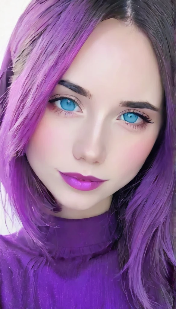 (32k) 16K, 8K, 4K, Super thin face, small mouth, lip biting makeup, effeminate, cabelo roxo, purples eyes, high resolution, perfect. portraite.