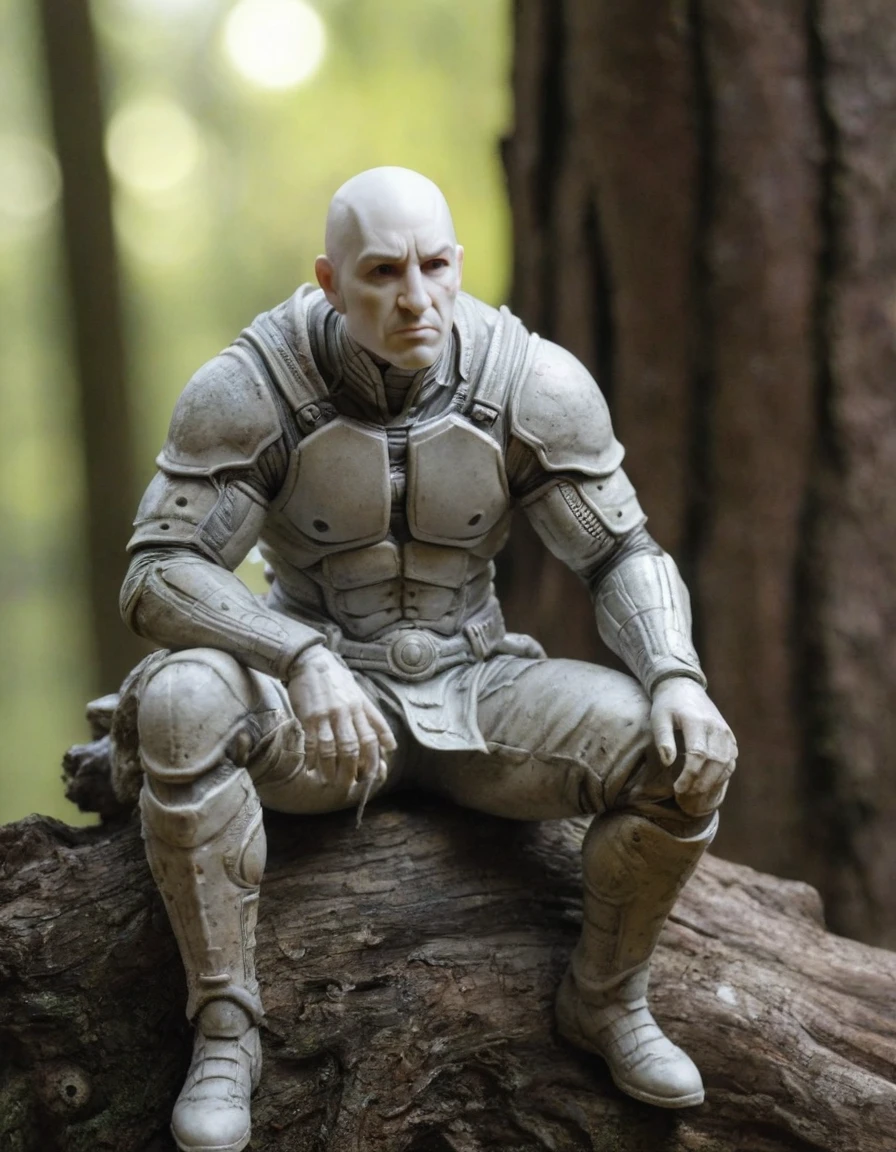 bald insect with goatee, white eyes, white plaster texture, sitting on tree stump, elbow on knee, soft lighting, extreme detail, HD, sculpture, low contrast, insect man warrior, insects castle in the background, photorealistic, cinematic