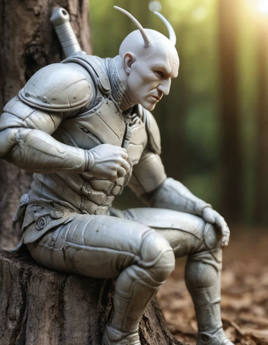 bald insect with goatee, white eyes, white plaster texture, sitting on tree stump,  elbow on knee, soft lighting, extreme detail, HD, sculpture, low contrast,  insect man warrior, insects castle in the background, photorealistic, cinematic 