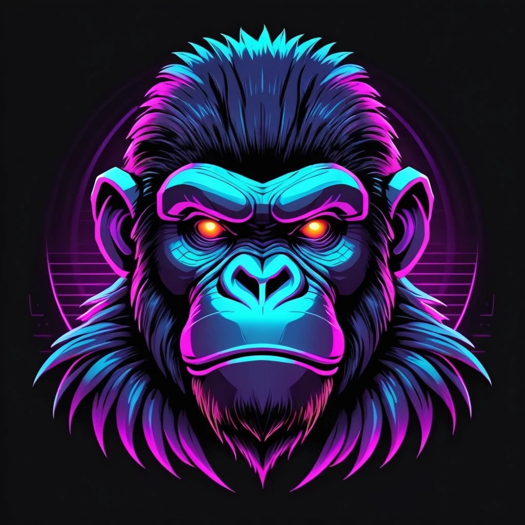 neonpunk style Ape head with cap and cyberpunk glasses, futuristic style, t-shirt design, flat colors, vector art, ((black background)) . cyberpunk, vaporwave, neon, vibes, vibrant, stunningly beautiful, crisp, detailed, sleek, ultramodern, magenta highlights, dark purple shadows, high contrast, cinematic, ultra detailed, intricate, professional