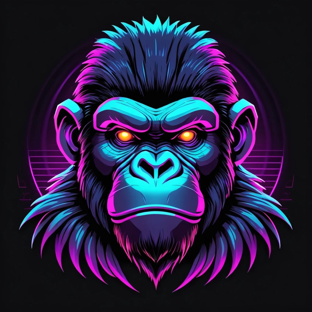 neonpunk style Ape head with cap and cyberpunk glasses, futuristic style, t-shirt design, flat colors, vector art, ((black background)) . cyberpunk, vaporwave, neon, vibes, vibrant, stunningly beautiful, crisp, detailed, sleek, ultramodern, magenta highlights, dark purple shadows, high contrast, cinematic, ultra detailed, intricate, professional