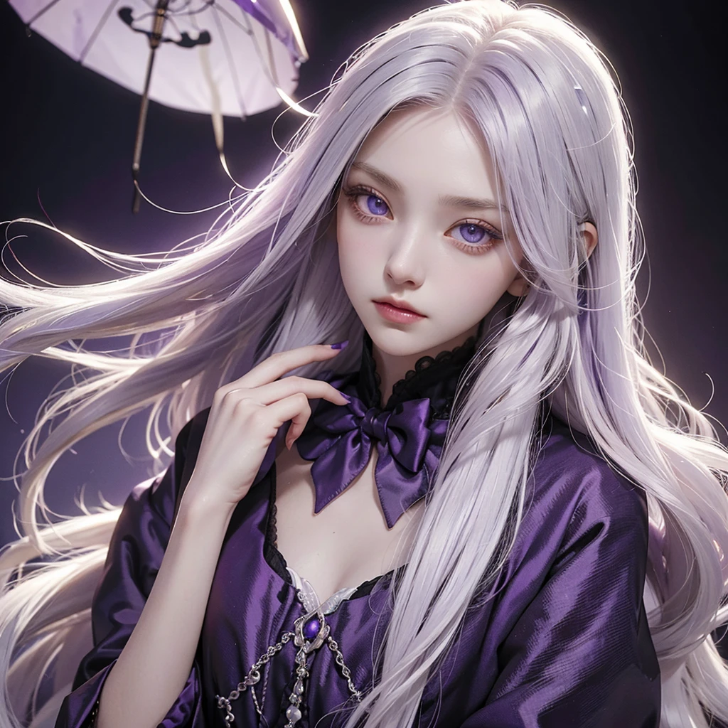 A girl with purple magic around her,pale skin,white hair, highest detailed hair, long hair,white iris,eyes with a very light shade of purple