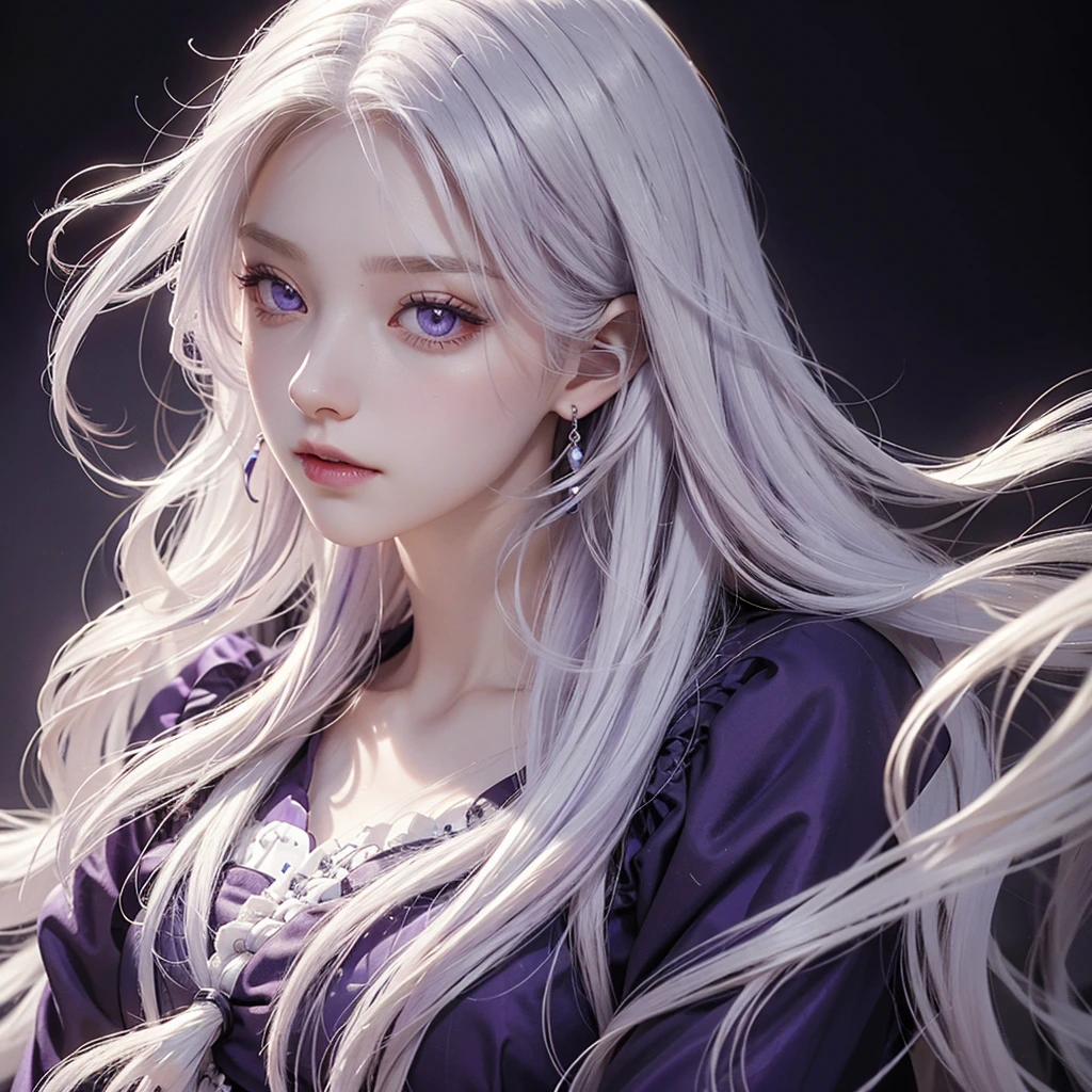 A girl with purple magic around her,pale skin,white hair, highest detailed hair, long hair,white iris,eyes with a very light shade of purple