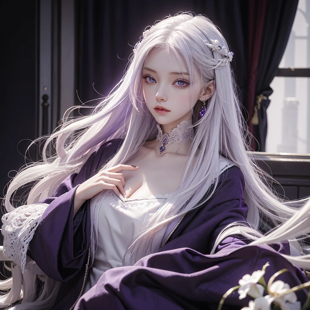 A girl with purple magic around her,pale skin,white hair, highest detailed hair, long hair,white iris,eyes with a very light shade of purple