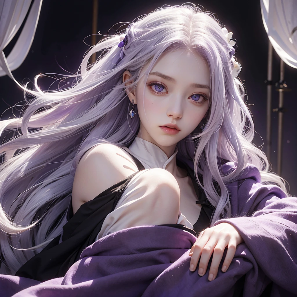A girl with purple magic around her,pale skin,white hair, highest detailed hair, long hair,white iris,eyes with a very light shade of purple