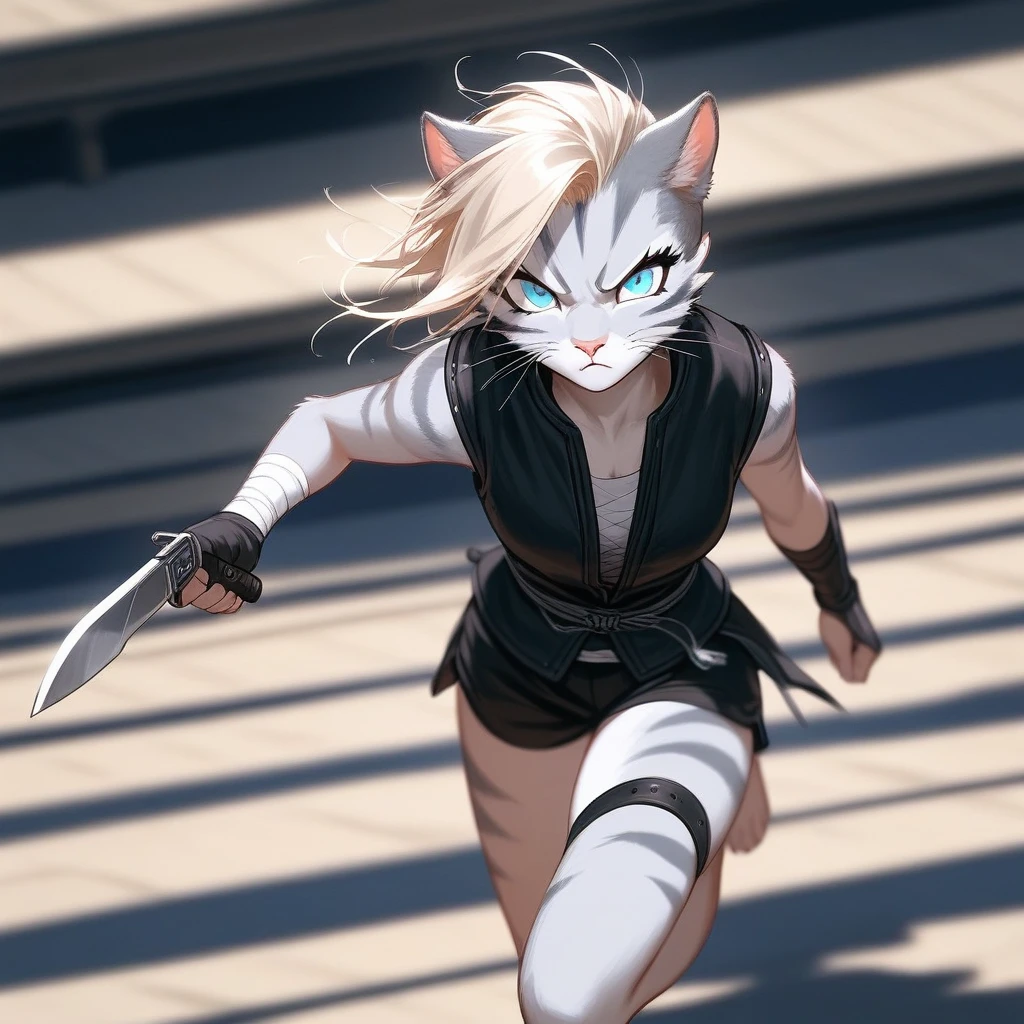 Solo, score_9,score_8_up,score_7_up, source_cartoon, cartoon, kat, Anthro furry feline, female, tall slender body, long blonde hair, long undercut hair, pink nose, blue eyes, white whiskers, silver fur, grey stripes, furry body, wearing black cloth vest, black leather medieval vest, black short shorts, adventuring gear, feet wrapped in bandages, plantigrade feet paws, holding two knives, Naruto running, running towards viewer, angry expression, glowing blue eyes, outdoors, from above, dynamic action shot, speed lines, motion blur, hands behind back