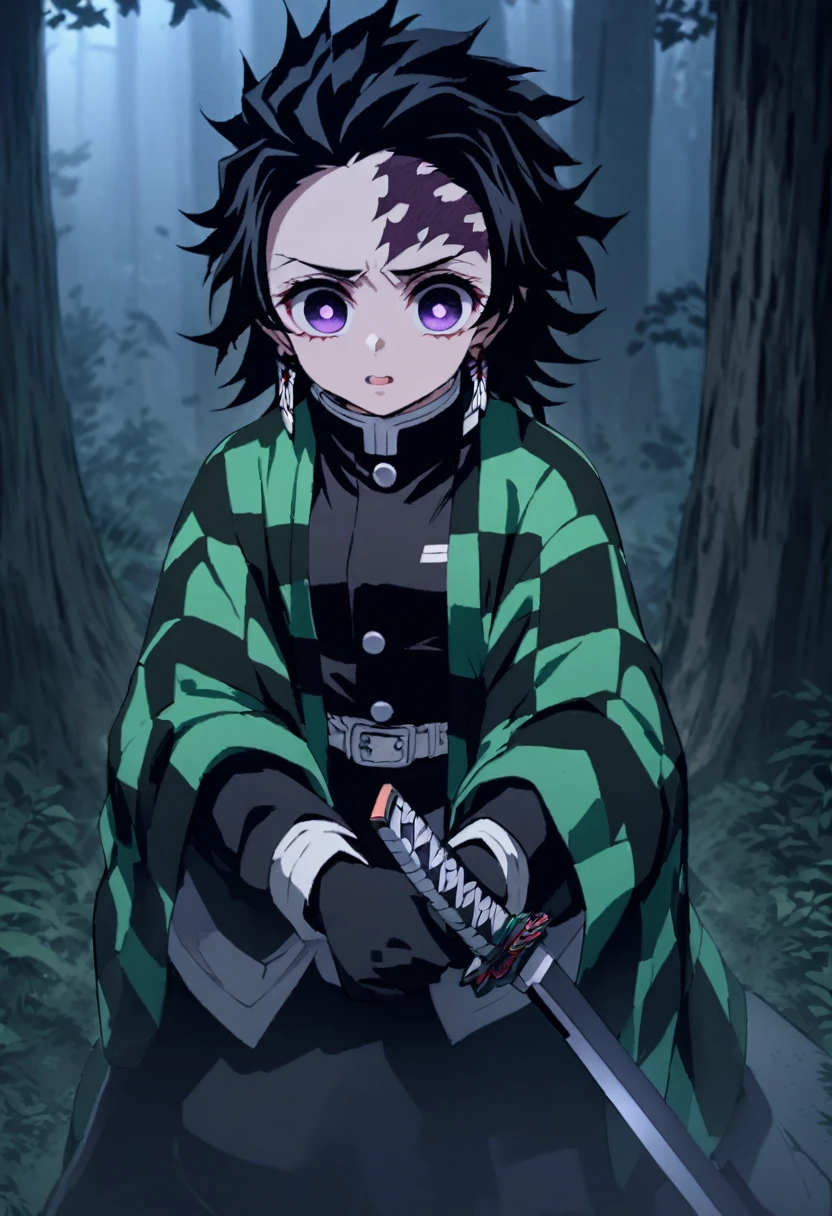 ultra detaild,high resolution, absurderes,hdr, work of art,from the shadows,long black hair,violet eyes,haori violeta com eyeshadows preta,estilo kimetsu no yaiba,costumes,chamas das eyeshadows, picking up a sword,alone in the forest,magie,great quality,extremly detailed face and eyes,eyeshadows,picking up a sword,((((from the shadows from demon Slayer))))