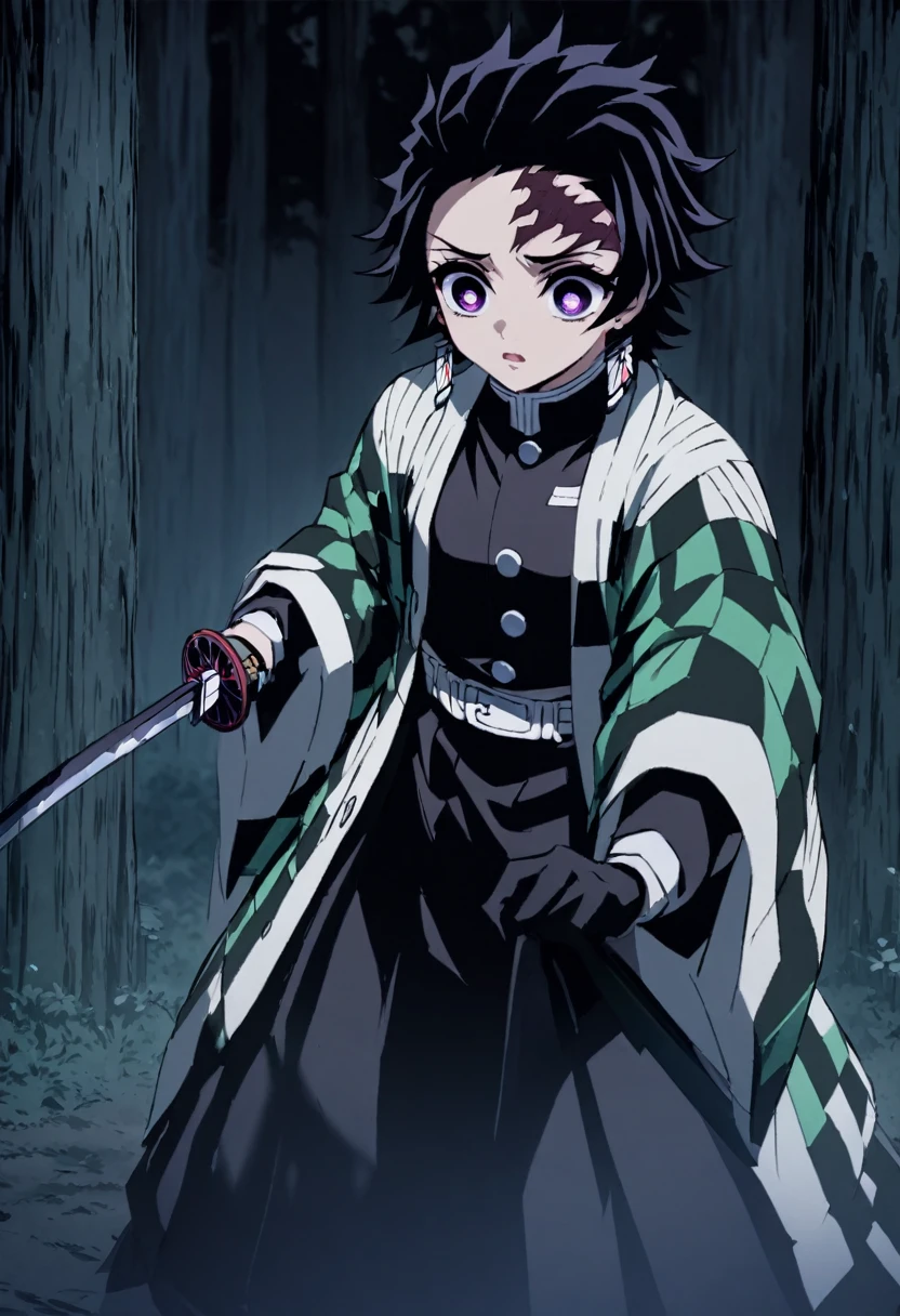 ultra detaild,high resolution, absurderes,hdr, work of art,from the shadows,long black hair,violet eyes,haori violeta com eyeshadows preta,estilo kimetsu no yaiba,costumes,chamas das eyeshadows, picking up a sword,alone in the forest,magie,great quality,extremly detailed face and eyes,eyeshadows,picking up a sword,((((from the shadows from demon Slayer))))