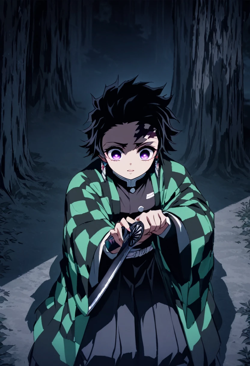 ultra detaild,high resolution, absurderes,hdr, work of art,from the shadows,long black hair,violet eyes,haori violeta com eyeshadows preta,estilo kimetsu no yaiba,costumes,chamas das eyeshadows, picking up a sword,alone in the forest,magie,great quality,extremly detailed face and eyes,eyeshadows,picking up a sword,((((from the shadows from demon Slayer))))