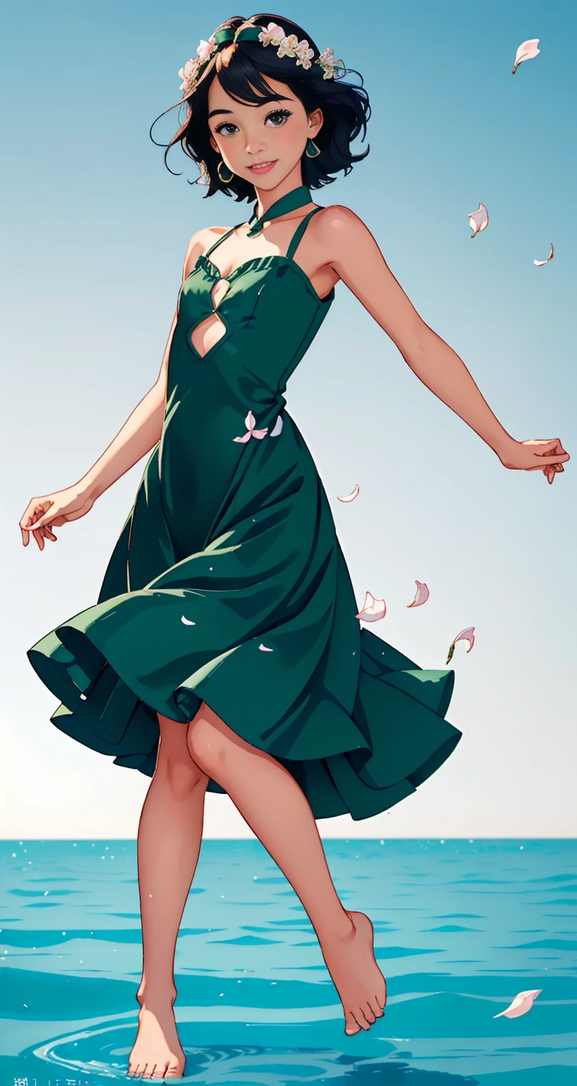 ((full body photo, standing, feet on the ground)) A cute and delicate portrait of a playful cute girl with short boyish hair, black hair, Emerald Green Sea, mischievous smile, dancing petals, (Superior Quality, master part, ultra-realistic) and petals floating in the background
