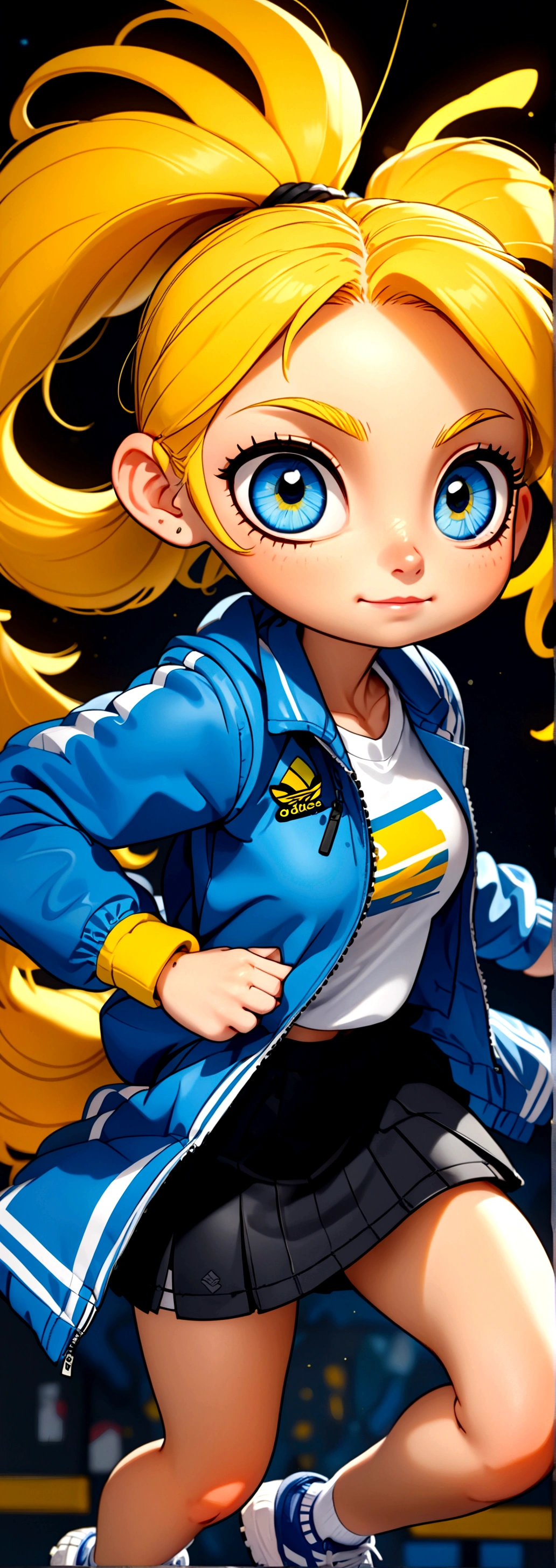 detailed image, beautiful girl portrait, (full body:0.5), (sexy:1.0), blue eyes, long yellow hair, ponytail, ((blue Adidas jacket:1.0)), white shirt, black skirt, HD, VFX, Anime, 8k, (good quality:1.0), Eyes, Beautiful eyes, colored skin, looking at viewer, pretty smile, style chibi, cute, fanart, Sexy woman body.