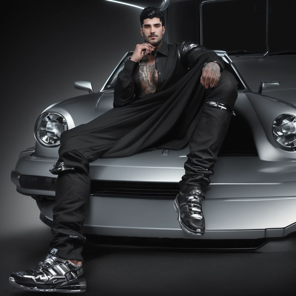 chiseled man sitting on the hood of a car in a black sleeveless blouse, chest tattoo, hyper realistic styling, no hood | | realistic shading, hyper detailed realistic, photorealistic full body, .highly realistic, in clothes! highy detailed, elegant pose, realistic styling, inspired by Ludovit Fulla, (beautiful eyes detailed best quality), (detailed realistic face), (realistic beautiful black hair), (high detailed realistic black hair), (detailed black eyes), staring at the front camera, frontal look