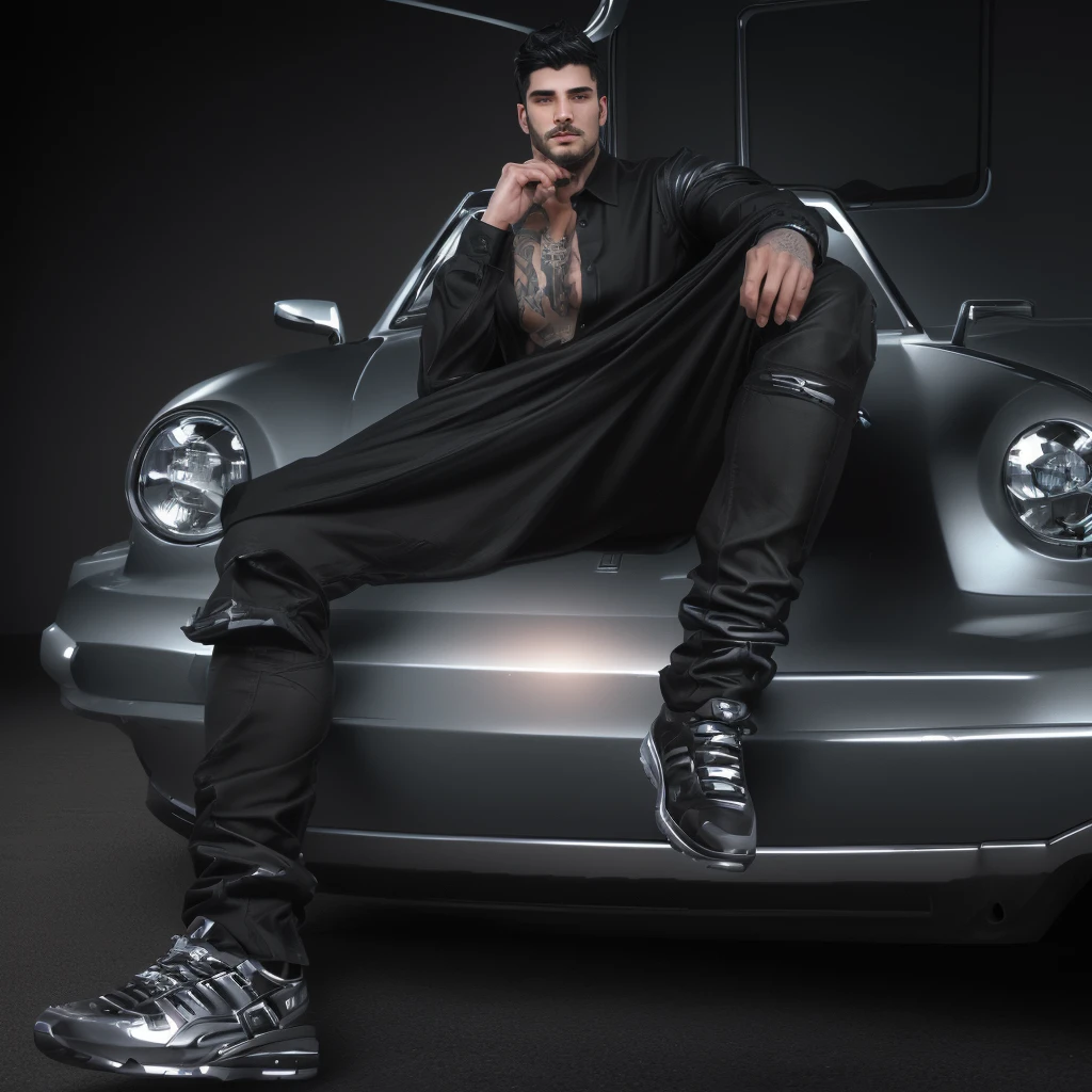 chiseled man sitting on the hood of a car in a black sleeveless blouse, chest tattoo, hyper realistic styling, no hood | | realistic shading, hyper detailed realistic, photorealistic full body, .highly realistic, in clothes! highy detailed, elegant pose, realistic styling, inspired by Ludovit Fulla, (beautiful eyes detailed best quality), (detailed realistic face), (realistic beautiful black hair), (high detailed realistic black hair), (detailed black eyes), staring at the front camera, frontal look