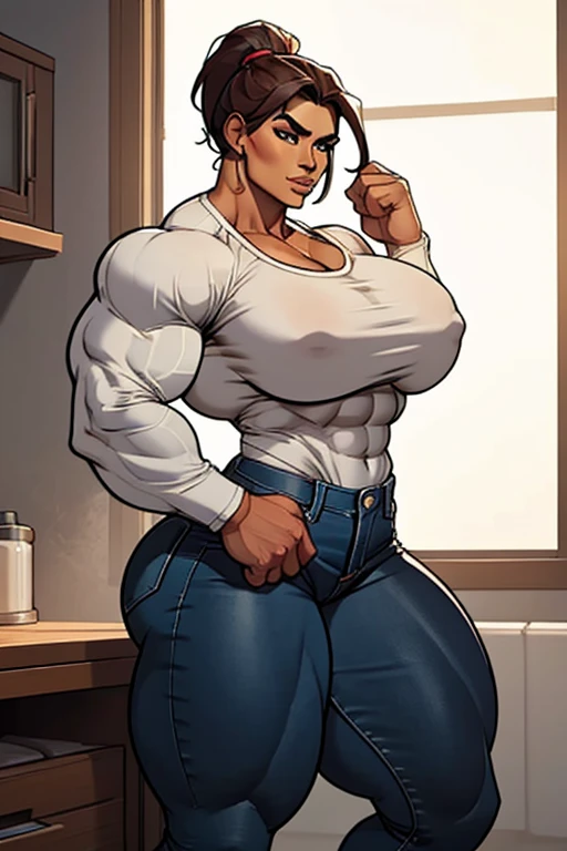 sketch, hypermuscular 21 yo latina woman, huge deltoids, huge massive muscular proportions of female bodybuilder, steel-hard hypermuscular body, great muscle definition, mighty broad shoulders, muscular bulging calves and thighs, muscular legs, wearing cotton shirt, long sleeve, stylish jeans