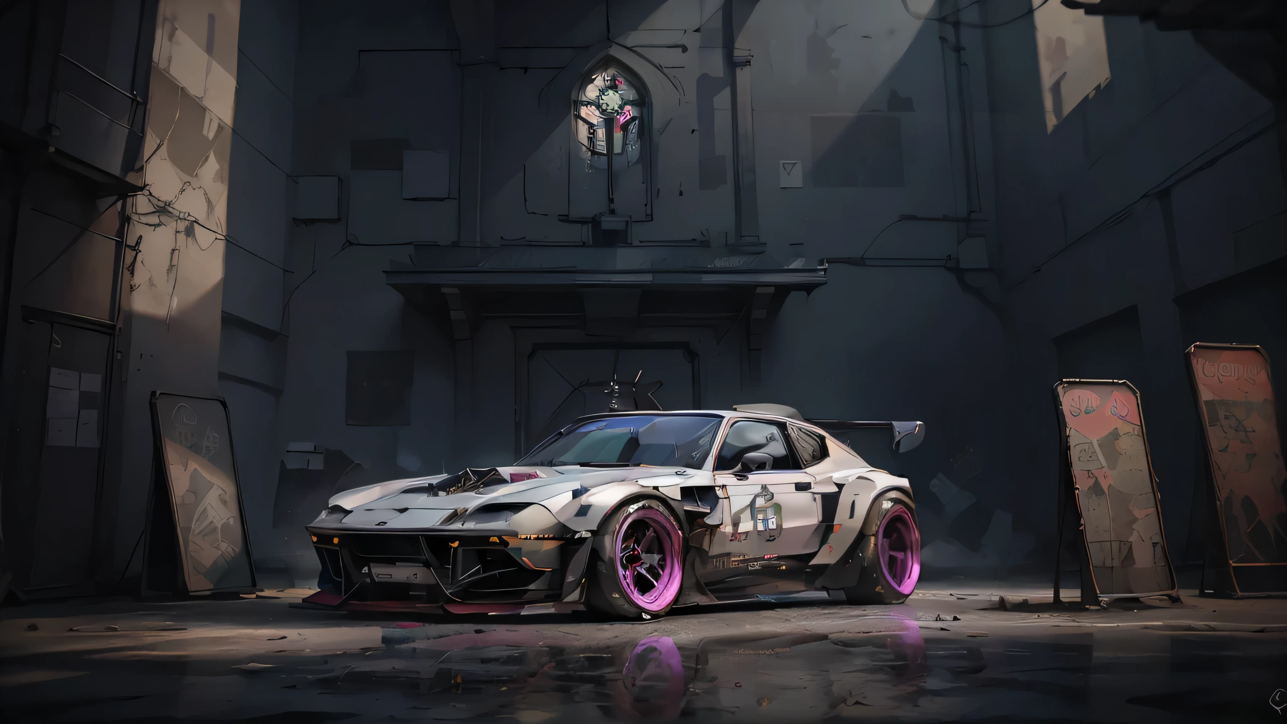 Best detailed, ultra detailed, cyberpunk art, a picture of a futuristic church in cyberpunk punk city, (full building: 1.5), great cyberpunk art, bright neon lights, cyberpunk elements, a sports car parked in the entrance of the building, the cross lit in pink light, stained glass art in neon colors, cyberpunk futuristic city background, 16k, RAW, ultra wide shot, photorealism, depth of field, hyper realistic, 2.5d rendering,