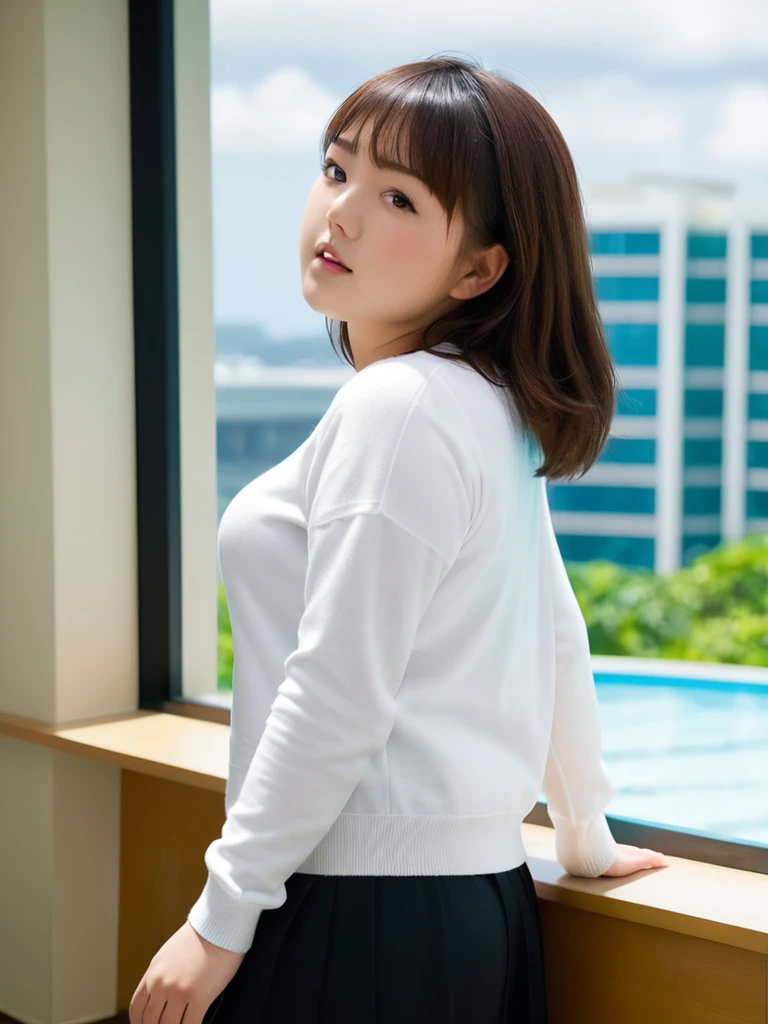 High resolution,Highest quality ,((Ai Shinozaki)),Japanese women, (close:2), (Natural light) ,(From the side), (White sweater),(Dynamic pose) (See-through curtains), Pool, wood,Hotel City,