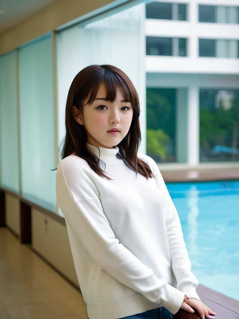 High resolution,Highest quality ,((Ai Shinozaki)),Japanese women, (close:2), (Natural light) ,(From the side),  (White sweater),(Dynamic pose) (See-through curtains), Pool, wood,Hotel City,