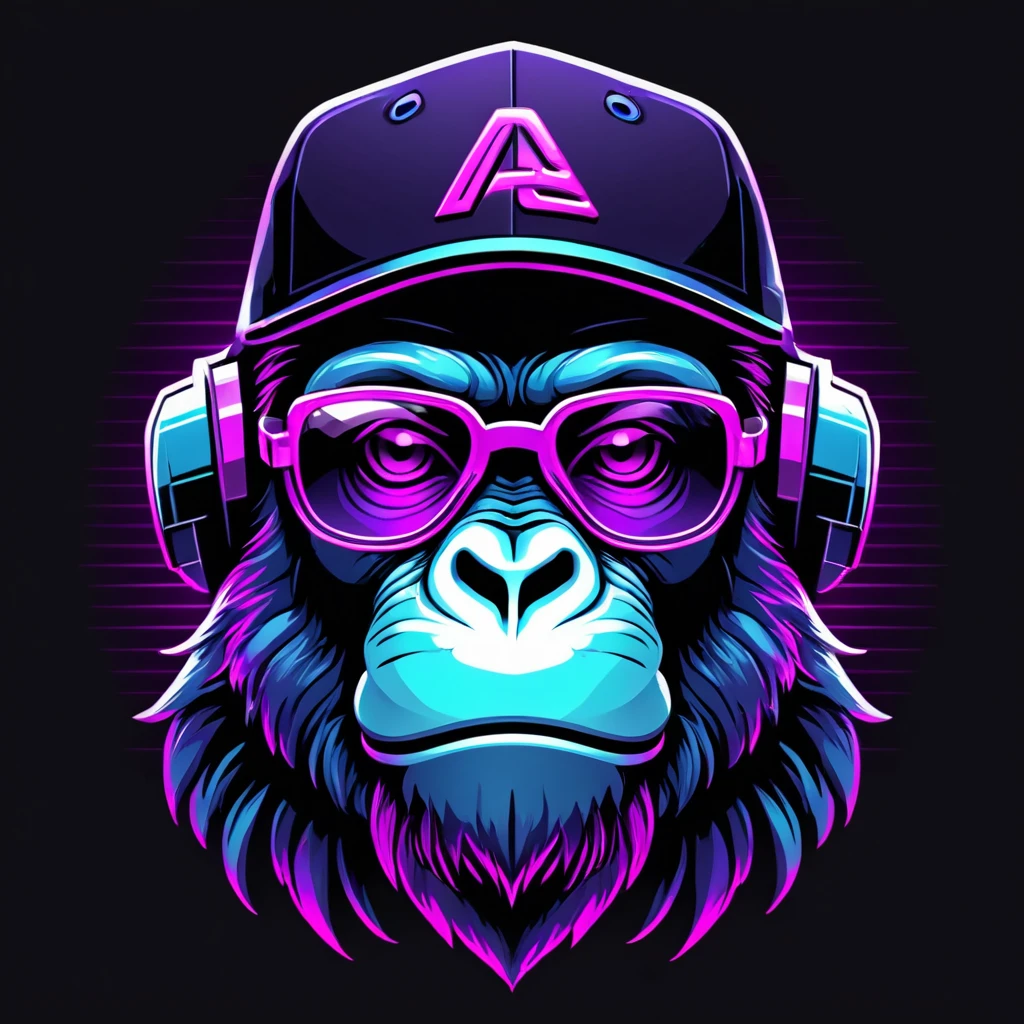 neonpunk style Ape head with cap and cyberpunk glasses, futuristic style, t-shirt design, flat colors, vector art, ((black background)) . cyberpunk, vaporwave, neon, vibes, vibrant, stunningly beautiful, crisp, detailed, sleek, ultramodern, magenta highlights, dark purple shadows, high contrast, cinematic, ultra detailed, intricate, professional