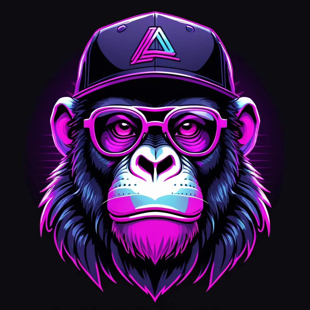 neonpunk style Ape head with cap and cyberpunk glasses, futuristic style, t-shirt design, flat colors, vector art, ((black background)) . cyberpunk, vaporwave, neon, vibes, vibrant, stunningly beautiful, crisp, detailed, sleek, ultramodern, magenta highlights, dark purple shadows, high contrast, cinematic, ultra detailed, intricate, professional