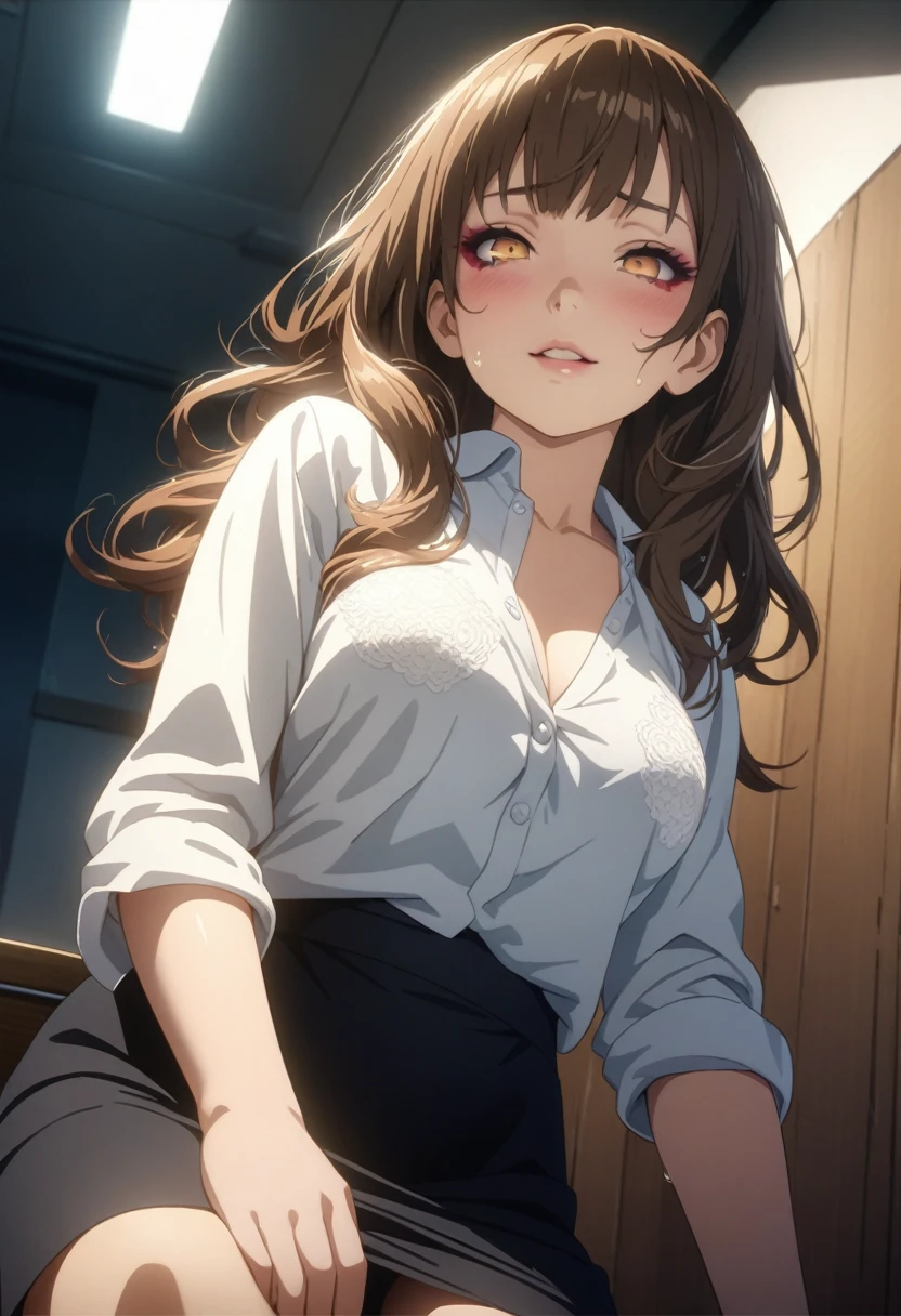 ((masterpiece, Best Quality, high resolution, 2D anime, 4K)), 20yo attractive female, Solo, pretty、cowboy shot、 ((long Wave Hair, Bangs, Brown hair)), ((slit eyes, Beautiful eyelashes, Realistic eyes)), ((natural makeup, watery lip, Detailed face, Blushing:1.2)), ((Smooth texture:0.75, Realistic texture:0.65, Photorealistic:1.1)), medium breasts, Perfect body, ((taking off unbuttoned casual clothes, White business shirt, Black tight skirt、、bare foot:1.3)), bedroom without people、Sit on a couch、Lower angle, taking foot off、early evening、Very embarrassing smile、(Lift the skirt with your right hand、Open both legs、Open your knees wide、Light blue floral lace panties)、、(Cute floral bra)、Angle from below