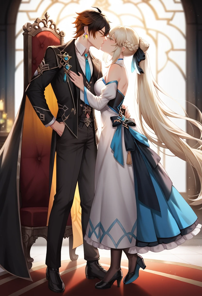 best quality, 4k, high resolution , anime girl , anime boy, young boy, tall boy, young girl, 24 years old, bangs, long hair, relaxed face, perfect shot, perfect anatomy, detailed face, detailed eyes, throne background , tall girl , 1girl, 1boy,  realistic, 4k , masterpiece , ilustration, digital art, full body, morgan le fay, fate grand order, standing , morgan le fay kissing with zhongli, kiss, kissing, zhongli, genshin impact, eyes close