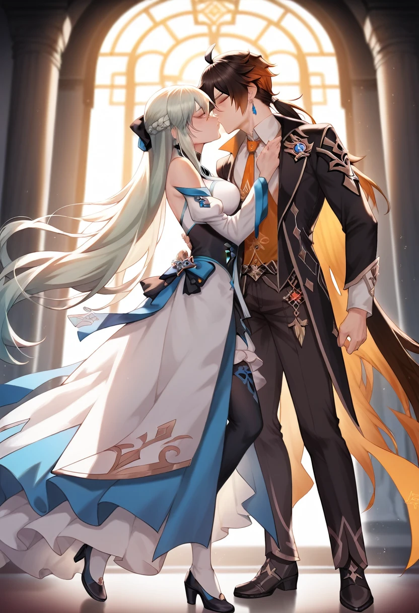 best quality, 4k, high resolution , anime girl , anime boy, young boy, tall boy, young girl, 24 years old, bangs, long hair, relaxed face, perfect shot, perfect anatomy, detailed face, detailed eyes, throne background , tall girl , 1girl, 1boy,  realistic, 4k , masterpiece , ilustration, digital art, full body, morgan le fay, fate grand order, standing , morgan le fay kissing with zhongli, kiss, kissing, zhongli, genshin impact, eyes close