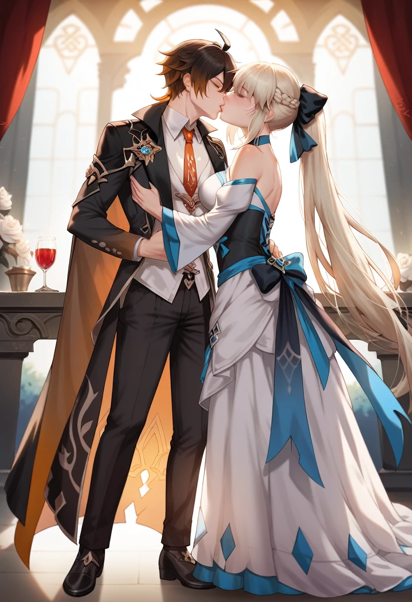 best quality, 4k, high resolution , anime girl , anime boy, young boy, tall boy, young girl, 24 years old, bangs, long hair, relaxed face, perfect shot, perfect anatomy, detailed face, detailed eyes, throne background , tall girl , 1girl, 1boy, realistic, 4k , masterpiece , ilustration, digital art, full body, morgan le fay, fate grand order, standing , morgan le fay kissing with zhongli, kiss, kissing, zhongli, genshin impact, eyes close