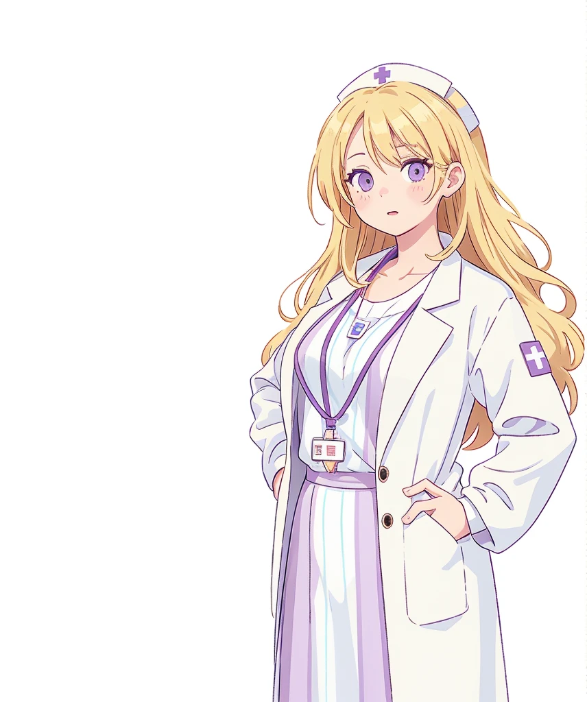 (Visual novel), (key art), (character sprite), old woman, nurse, school nurse, ID lanyard, amber eyes, blonde hair, white lab coat, purple striped jumper, long hair, hand on hip, mature woman, (cleavage: 0.7)