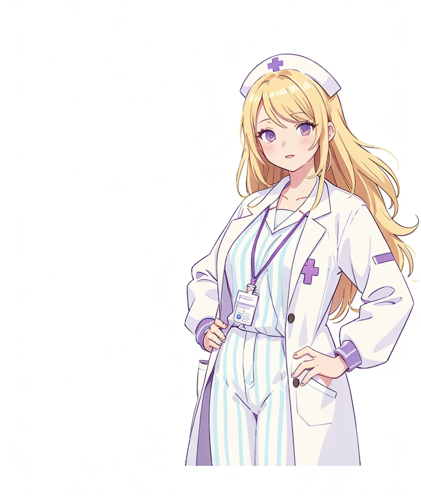 (Visual novel), (key art), (character sprite), old woman, nurse, school nurse, ID lanyard, amber eyes, blonde hair, white lab coat, purple striped jumper, long hair, hand on hip, mature woman, (cleavage: 0.7)