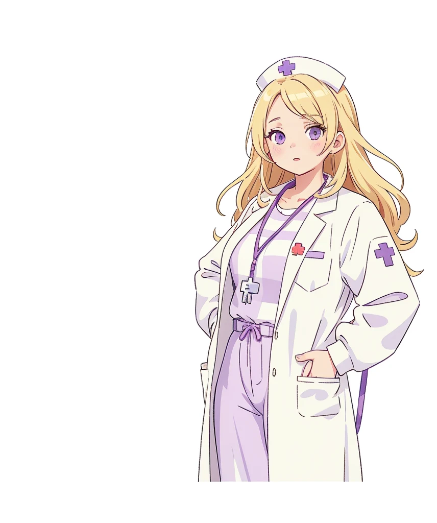 (Visual novel), (key art), (character sprite), old woman, nurse, school nurse, ID lanyard, amber eyes, blonde hair, white lab coat, purple striped jumper, long hair, hand on hip, mature woman, (cleavage: 0.7)