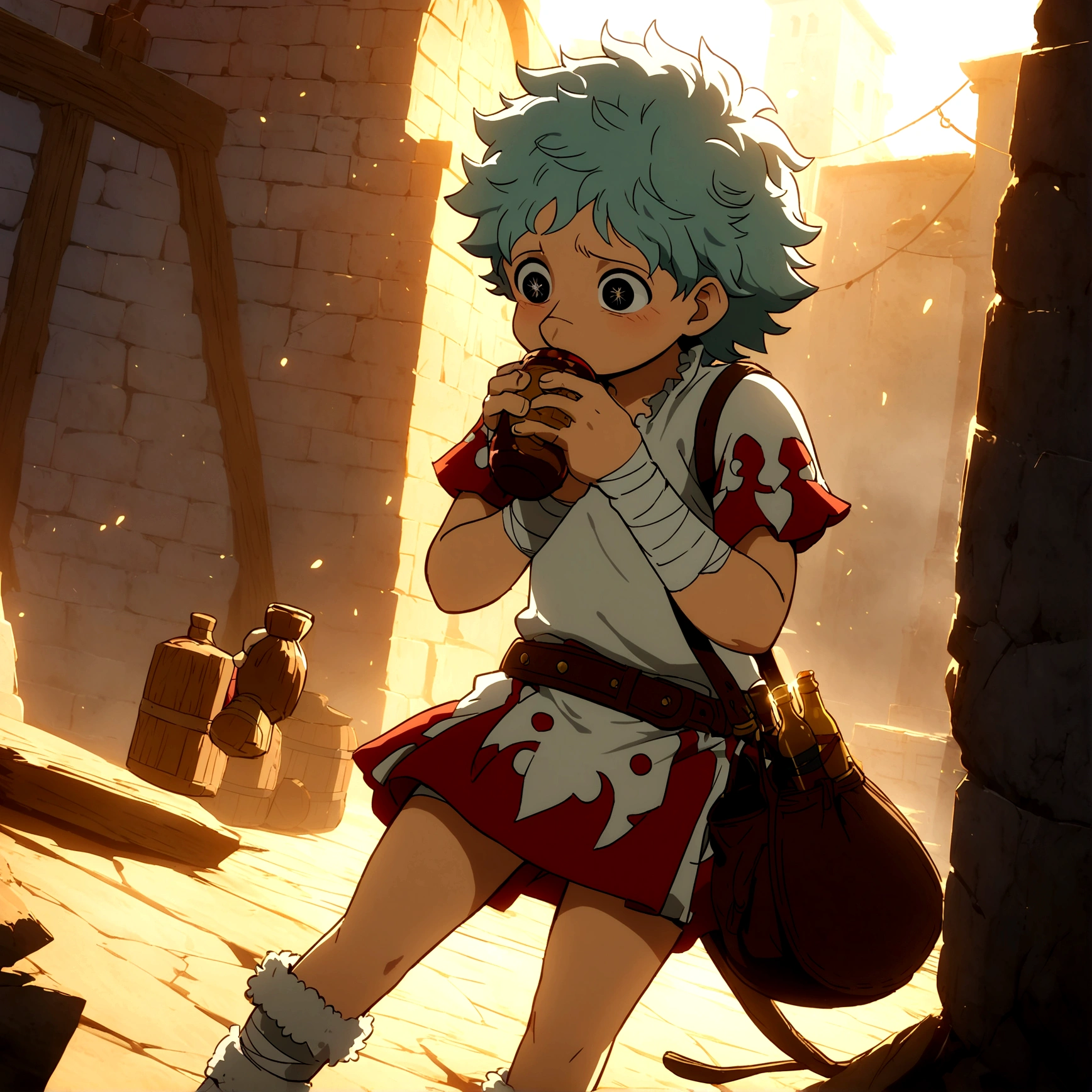 35-year-old small human, unkempt appearance, small and sturdy body, disheveled hair and smart eyes, pointed nose, round eyes, tired look due to drinking, hands wrapped in bandages, mengigo's clothes with a short tunic, pants and light boots, carries a small leather bag attached to his belt with small bottles of liquor, "Anime design inspired by One Piece, filled with dramatic and impressive lighting, infused with creative details, ultra-fine 2D design, scenery bathed in creativity, boasting 2D anime resolution clarity, HD anime graphics, high-octane rendering"