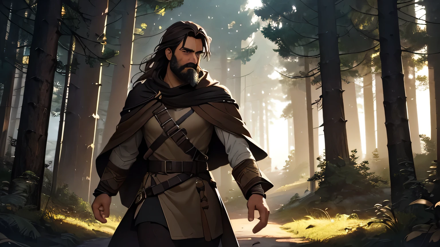 man with dark brown beard, long dark brown hair, light yellow-brown eyes and dark brown and light brown tunic from the 4th century BC. C., with a light brown cloak, about 50 years old, running back view in a dark and mysterious forest at night, movement scene in the forest, changing lighting, hyperrealistic, cinematic lighting, back view