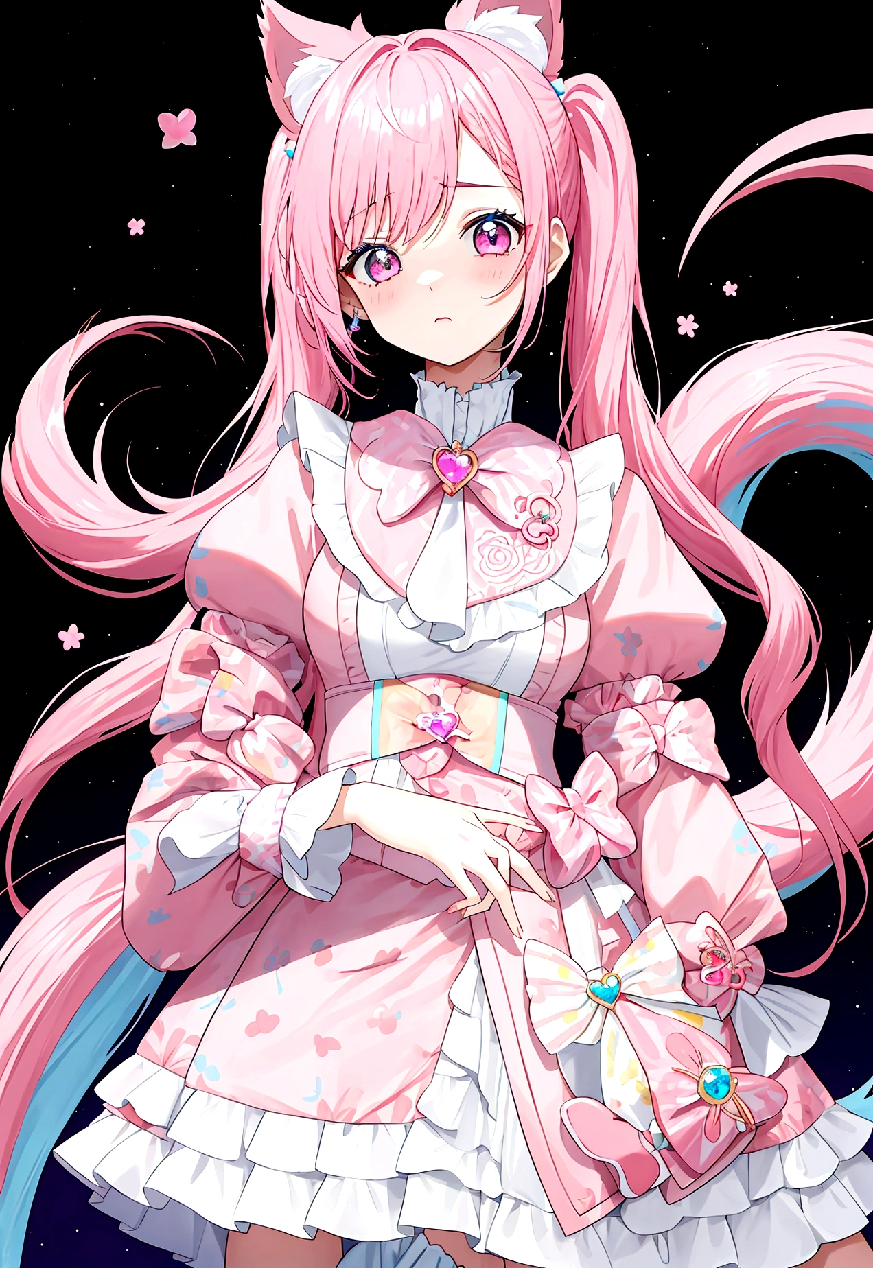 A girl,Chaebol Girl,Pink hair,Middle-parted bangs,Double tail,Blue-yellow heteropupils,The expression is hideous,Pink Lolita