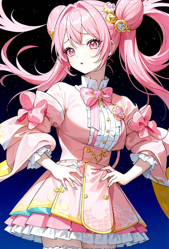 A girl,Chaebol Girl,Pink hair,Middle-parted bangs,Double tail,Blue-yellow heteropupils,The expression is hideous,Pink Lolita