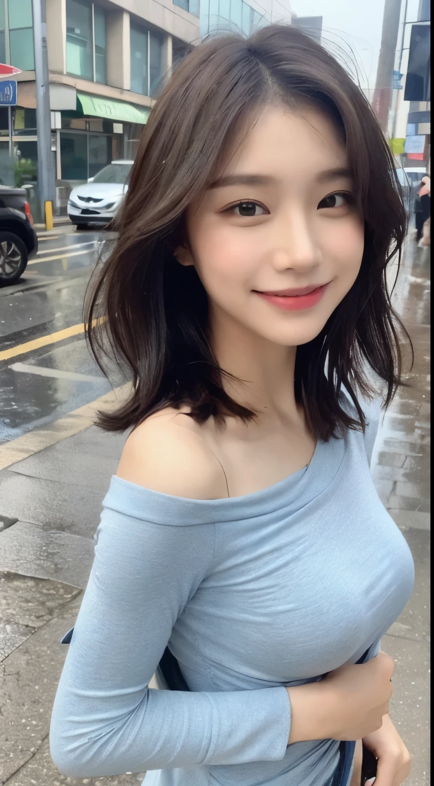 ((Best Quality, 8K, Masterpiece:1.3)), Focus: 1.2, Perfect Body Beauty: 1.4, Buttocks: 1.2, ((Layered Haircut, Breasts: 1.2)), (Wet Clothes: 1.1), (Rain, Street:1.3), Bandeau Dress: 1.1, Highly Detailed Face and Skin Texture, Imposant breasts, Fine Eyes, Double Eyelids, Whitening Skin, Long Hair, (Shut Up: 1.3), Smile
