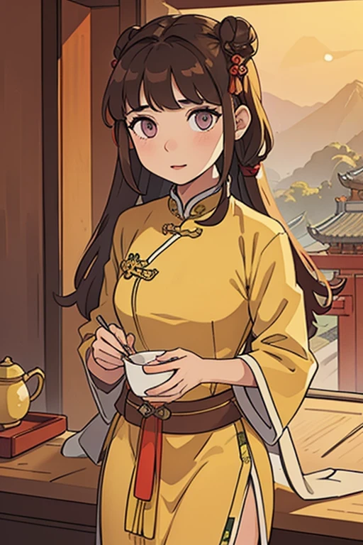 ( Best Quality, ancient china, A girl), loose hair, Brown hair, tender lilac eyes, yellow chinese dress