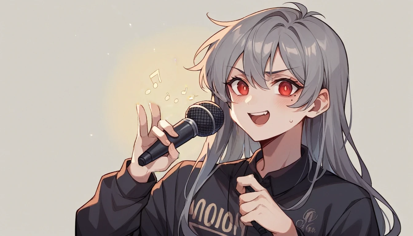 1  girl character。Model standing、whole body、gray hair color、Glowing red eyes、Long Hair、There is a mole under the left eye、Singing with a microphone、On a transparent background、Depict people only。