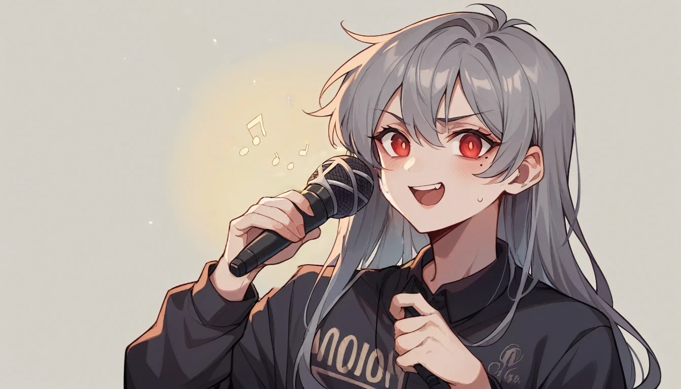 1 teen girl character。Model standing、whole body、gray hair color、Glowing red eyes、Long Hair、There is a mole under the left eye、Singing with a microphone、On a transparent background、Depict people only。