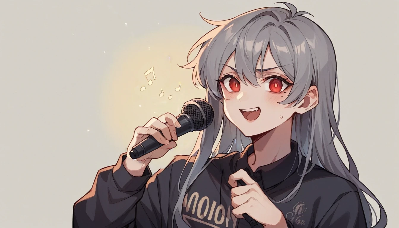 1 teen girl character。Model standing、whole body、gray hair color、Glowing red eyes、Long Hair、There is a mole under the left eye、Singing with a microphone、On a transparent background、Depict people only。