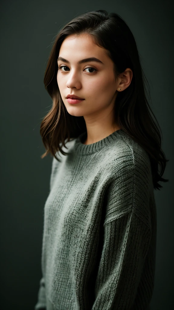 ((best qualityer)), ((work of art)), (detailded), 1 girl, gray knit sweater on a dark green background photo studio. She has short hair and a fashion model face