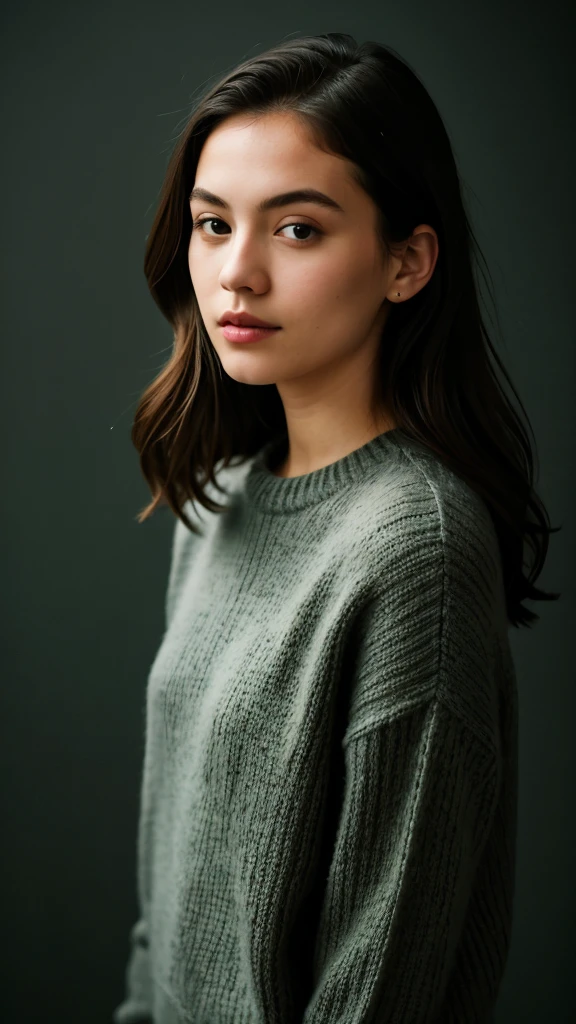 ((best qualityer)), ((work of art)), (detailded), 1 girl, gray knit sweater on a dark green background photo studio. She has short hair and a fashion model face