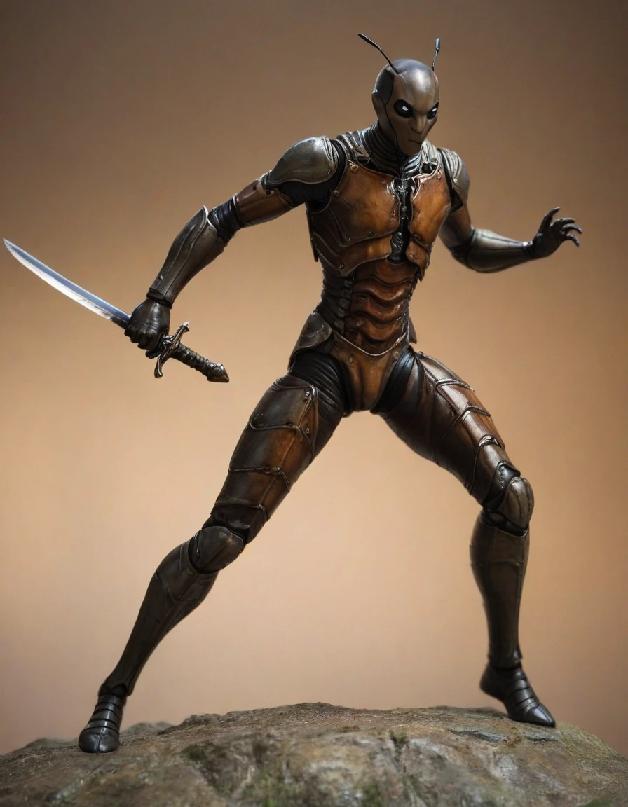 Dynamic frame, humanoid (anthropomorphic) swordsman ant, humanoidный муравей в фехтовальном зале, humanoidный муравей в стойке фехтовальщика, ant holding a sword, photorealistic, High quality, high detail, сосредоточьтесь на лице humanoidного муравья, focus in the center of the frame, blurred background